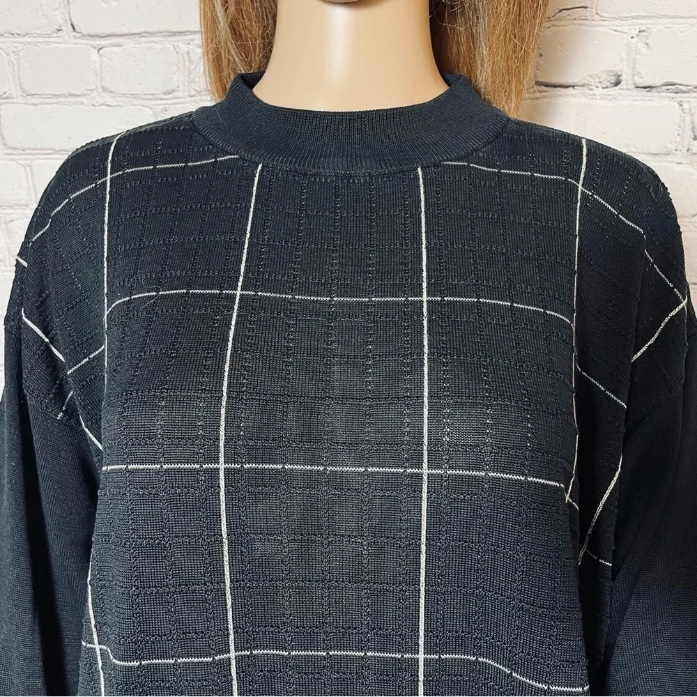 Genelli Silk Windowpane Black Knit Sweater Size XL